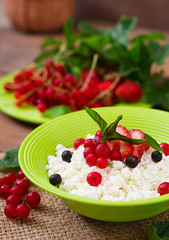Cottage cheese for breakfast in green bowl on wooden background. Close up