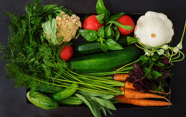 Set of different fresh vegetables (carrots, zucchini, cucumber, tomato). Proper nutrition. Dietary menu. Top view