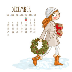 Calendar 2017, december month. Season girls design. Vector illus