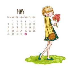 Calendar 2017, May month. Season girls design. Vector illustrati