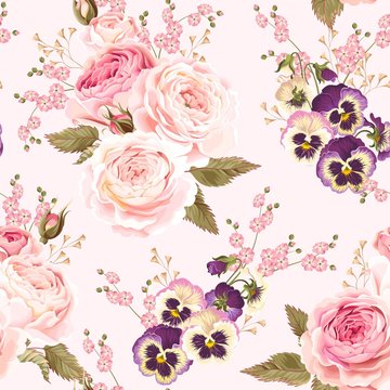 Roses and pansies seamless background