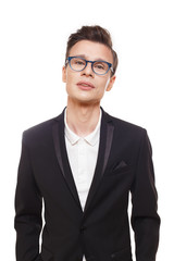 Young man in glasses portrait isolated at white