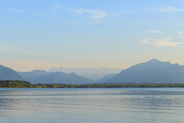 Alps at Lake Chiemsee at sunset in Chieming Bavaria