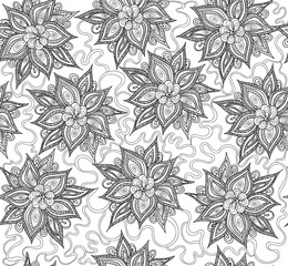 Abstract floral vector seamless pattern with beautiful figured flowers and curling lines
