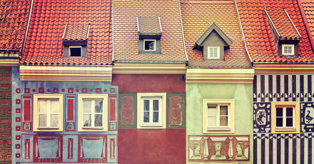 Retro toned colorful houses on Poznan Old Market Square, Poland.