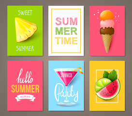 Set of summer brochures with fruits,berries, cocktails and ice cream. Vector templates.