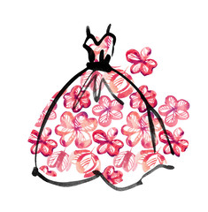fancy dress with floral pattern. watercolor and ink sketch