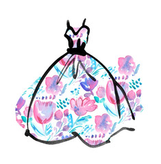 fancy dress with floral pattern. watercolor and ink sketch