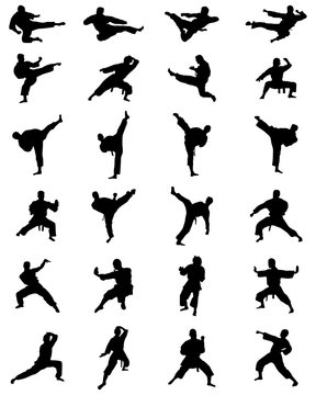 Black silhouettes of karate fighting, vector