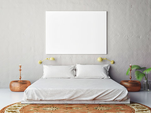 Mock up blank poster on the wall of bedroom, 3D illustration 