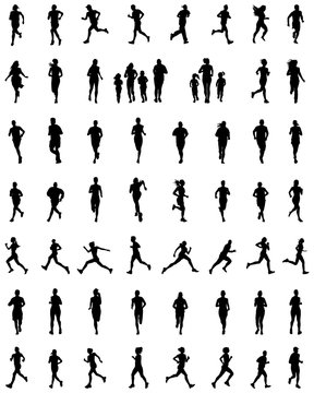 Black silhouettes of people running, vector