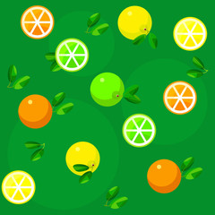 Vector seamless pattern background with citrus fruits: orange, lime and lemon on green background