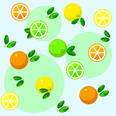 Vector seamless pattern background with citrus fruits: orange, lime and lemon on blue background