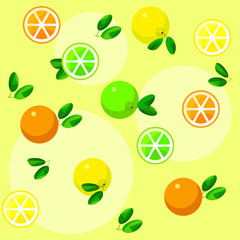 Vector seamless pattern background with citrus fruits: orange, lime and lemon on yellow background