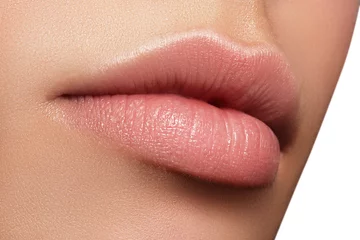 Fotobehang Perfect natural lip makeup. Close up macro photo with beautiful female mouth. Plump full lips. Close-up face detail. Perfect clean skin, light fresh lip make-up. Beautiful spa tender lip     © marinafrost