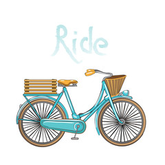 vintage bicycle with basket and box on a white background . Turquoise or blue bike - vector illustration
