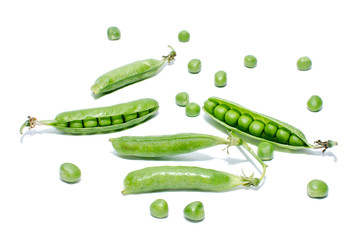 Pods of green peas on a white background