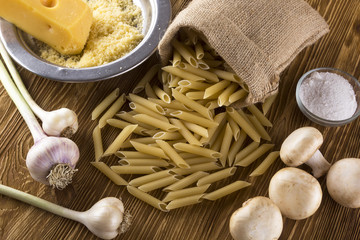 Ingredients. Pasta, garlic, grated cheese, salt and champignon.