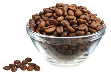 Coffe beans in glass bowl isolated