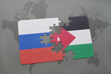 puzzle with the national flag of russia and jordan on a world map background.