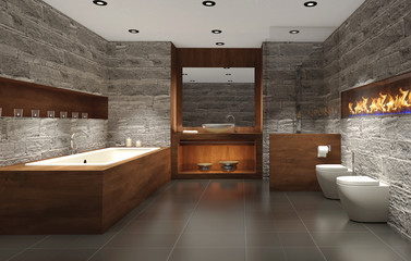 modernes Badezimmer mit Holz und Stein, bathroom