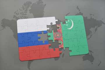 puzzle with the national flag of russia and turkmenistan on a world map background.