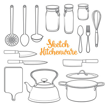 Kitchenware and cutlery sketch style vector illustration isolated on white background. Set of kitchen utensils knives kettle pot board jars cutlery and cooking tools