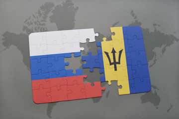 puzzle with the national flag of russia and barbados on a world map background.