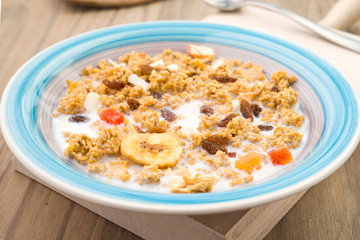 takes perspective plate with milk and breakfast cereals