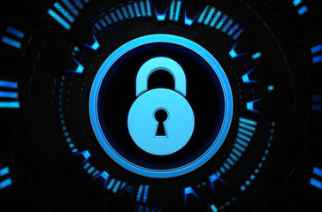 Padlock blue icon in the technology space
