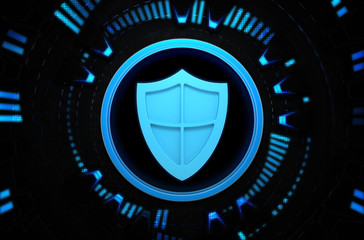 Security shield blue icon in the technology space