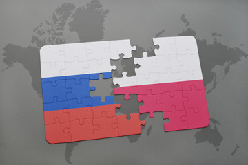 puzzle with the national flag of russia and poland on a world map background.