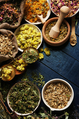 Assortment of dry medicinal herbs in bowls on wooden background top view