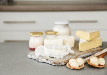 Dairy products on kitchen table