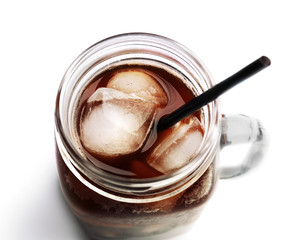 Fototapeta na wymiar Iced coffee in glass jar on white background