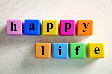 Color words HAPPY LIFE on light background