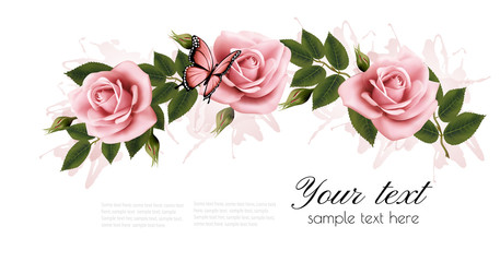 Fototapeta na wymiar Flower frame with beauty pink roses. Vector.