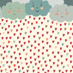 Vector background with smiling clouds and rain from color hearts