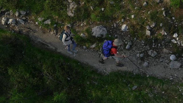AERIAL: Hikers in European Alps