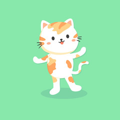 Vector illustration of cute cat cartoon character standing in turquoise tosca background. 