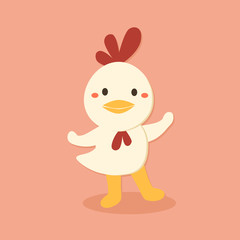 Vector illustration of cute chicken cartoon character standing in red pink background. 