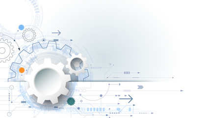Vector futuristic technology background, 3d white paper gear wheel on circuit board. Hi-tech, engineering, digital telecoms concept. Blank space for content, web template, business tech presentation