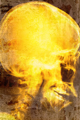 X-ray head of human overlap on old wall textured background. ret