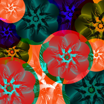 Abstract medal of flowers. Summer colors toucan, tropical, exotic and heat on a green background.
