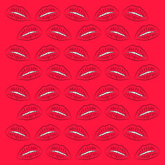 Kiss, female lips and teeth. Black silhouettes kiss with white teeth on a red background
