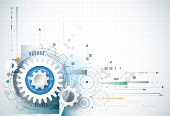 Obraz premium Abstract technology background. Vector gear wheel, hexagons and circuit board, Abstract hi-tech, engineering, machine, technology concept. Abstract futuristic technology on light blue color background