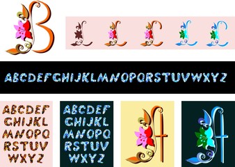 Decorative alphabet set. Collection of ornamental letters and single letters with flowers. Vector illustration.