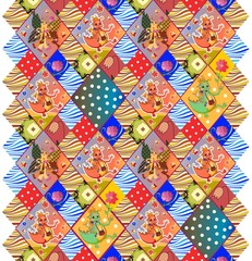 Childish seamless patchwork pattern with fairy dragons, butterflies, flowers, dots and waves. Colorful vector illustration of quilt.