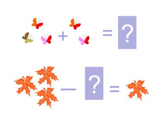 Cartoon illustration of mathematical addition and subtraction. Examples with butterflies and maple leaves. Educational game for children.