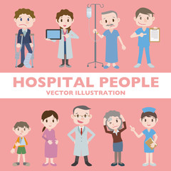 people in hospital character illustration set, doctors and patients, vector clip arts